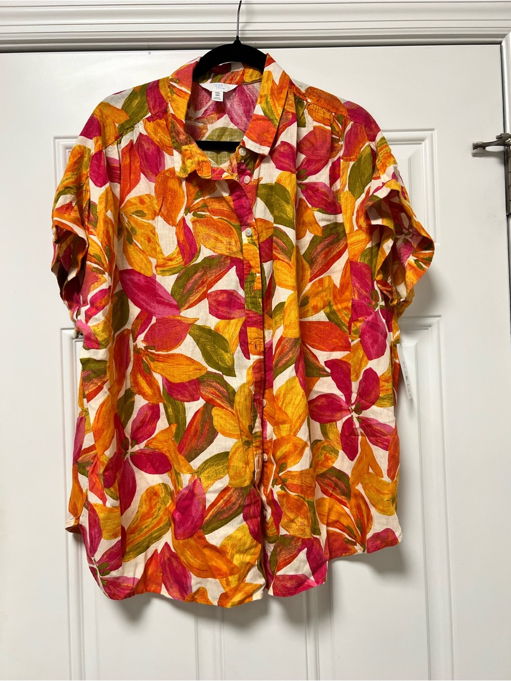 Time and Tru Tropical Leaf Print Button-Up - Pink, Orange, Green
